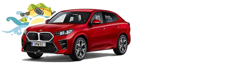 Nové červené BMW X2 na kampaňovém pozadí